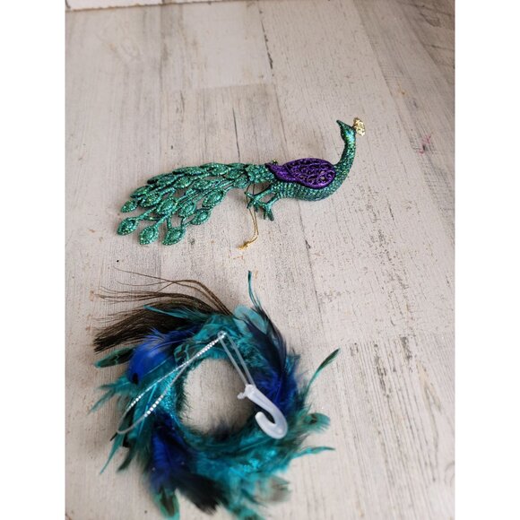 Peacock bird glitter miniature wreath unique set ornament Xmas - Picture 6 of 7